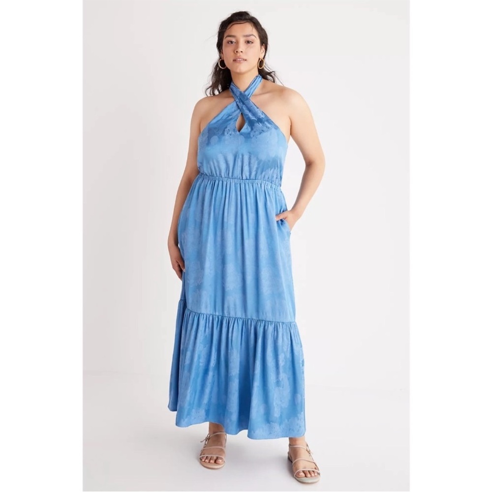 Anthropologie Tiered Halter Maxi‎ Dress Blue Floral